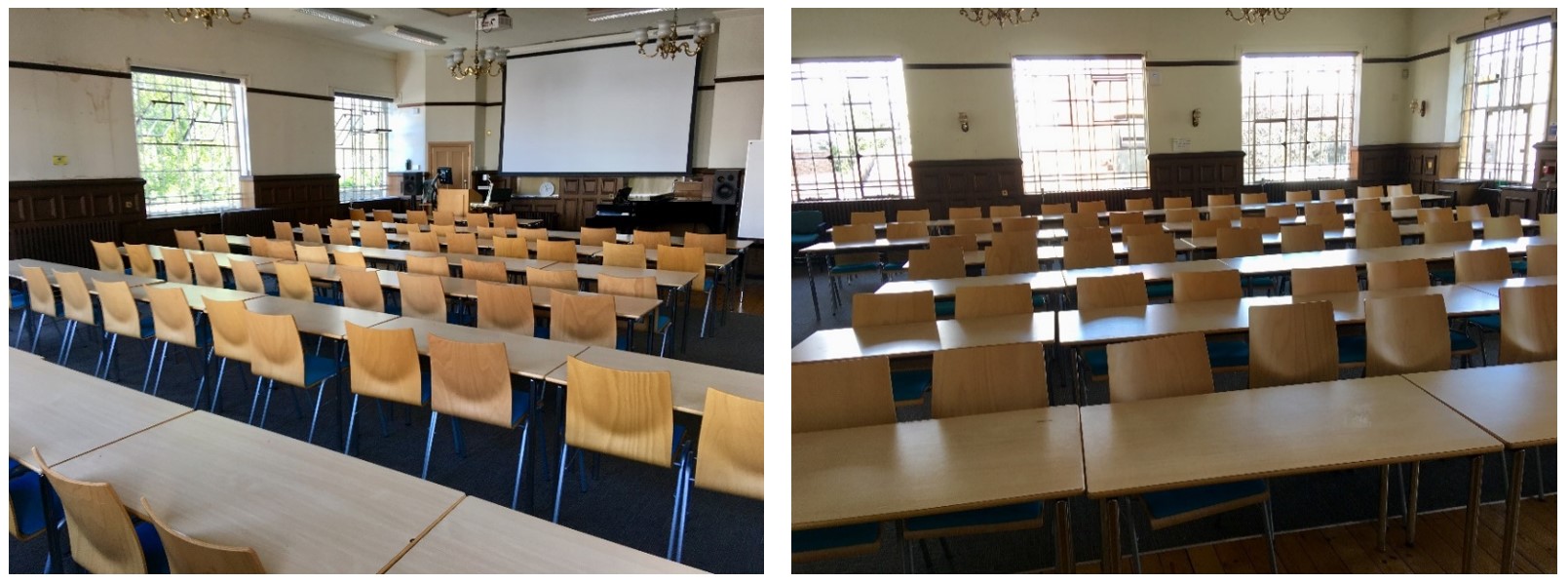 Rows of chairs and tables facing the teaching wall.